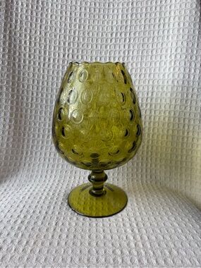 Vintage Italian Olive Green Empoli Diamond Optic Glass Brandy Snifter/Vase 10.5”